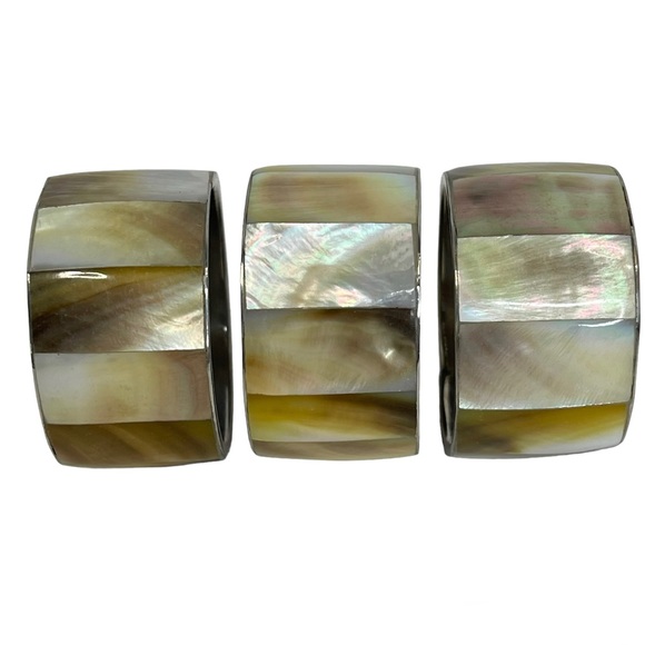 VTG Mother of Pearl Napkin Rings Iridescent Stainless Steel Unique Set of 3 - Picture 1 of 12